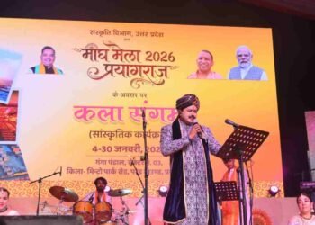 Rajiv Acharya bhajans, Magh Mela Prayagraj, devotional music event, Ganga Pandal cultural program, UP Culture Department,bhajan singer Rajiv Acharya