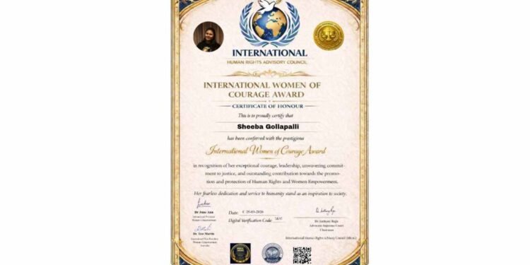 Sheeba Gollapalli, Women of Courage Award 2026, women empowerment India, human rights activist India, AICHLS, International Women’s Day 2026