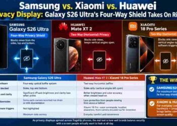 Samsung Galaxy S26 Ultra, Xiaomi 18 Pro and Huawei Mate XT 2 side by side comparing built-in privacy display screens