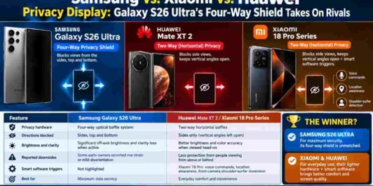 Galaxy S26 Ultra Privacy Display vs Xiaomi 18 Pro, Mate XT 2 1 Samsung Galaxy S26 Ultra, Xiaomi 18 Pro and Huawei Mate XT 2 side by side comparing built-in privacy display screens