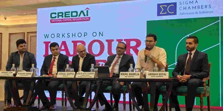 Real Estate Developers from Across the NCR Attend CREDAI NCR’s New Labour Codes Workshop 1 CREDAI NCR, New Labour Codes, CREDAI NCR Workshop, Real Estate Developers NCR, Labour Law Compliance, Construction Industry India, Real Estate News, Justice J.K. Maheshwari, Sigma Chambers, Code on Wages, Industrial Relations Code, Code on Social Security, Occupational Safety Health and Working Conditions Code, Contract Labour Compliance, BOCW Compliance, Construction Cess, Worker Welfare, Migrant Labour Rights, Construction Site Safety, Vishal Gupta CREDAI NCR, Nikhil Hawelia, NCR Builders, Real Estate Legal Updates, Statutory Compliance India